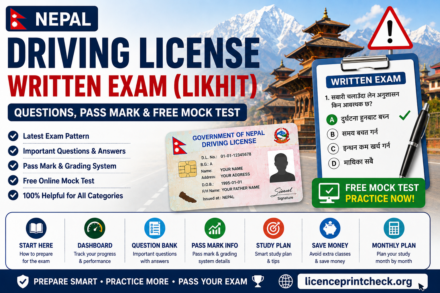 Nepal Driving License Written Exam (Likhit) 2026: Questions, Pass Mark & Free Mock Test